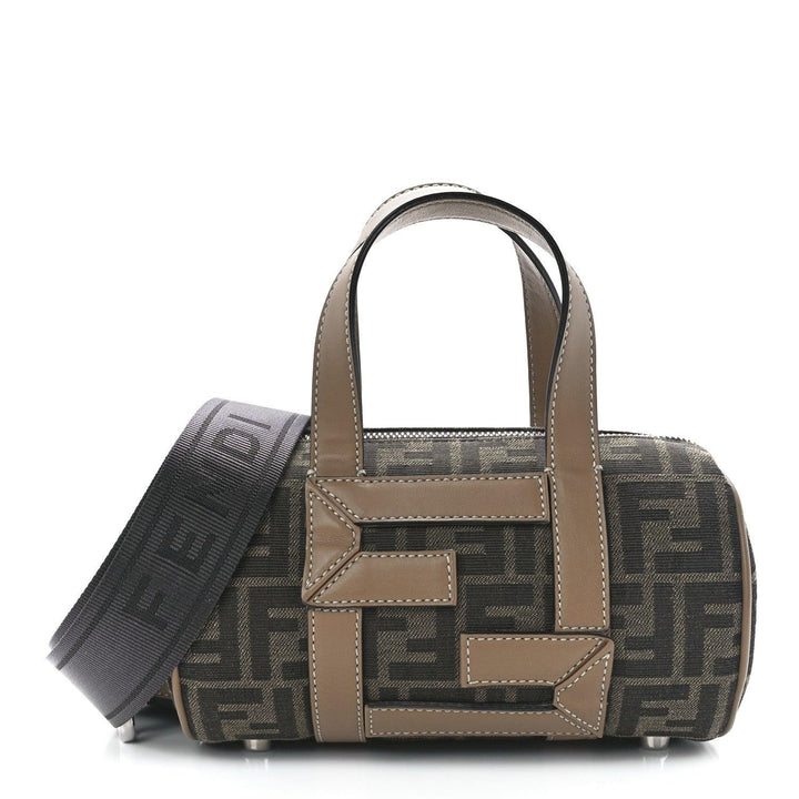 Fendi Fabric Jacquard Vitello Grace FF 1974 Mini O'Lock Bowling Bag Tobacco Moro Sand