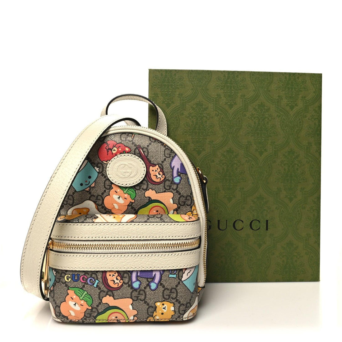 Gucci X PIKARAR GG Supreme Monogram Textured Dollar Calfskin Animal Print Retro Interlocking G Multi-Function Bag Beige Ebony Multicolor Mystic White