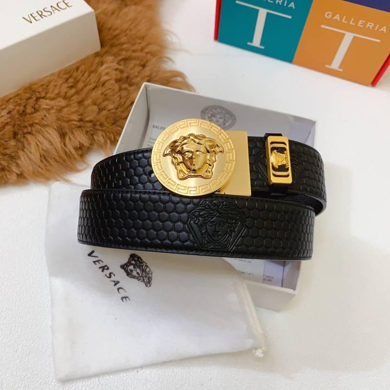 Versace Black Leather Vitello Belt Gold Medallion Buckle