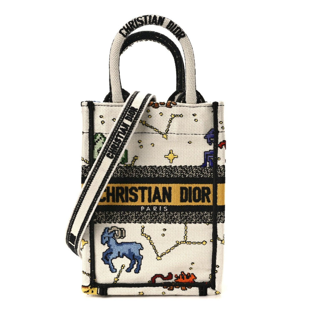 Christian Dior Canvas Embroidered Pixel Zodiac Mini Book Tote Phone Bag in Latte Multicolor