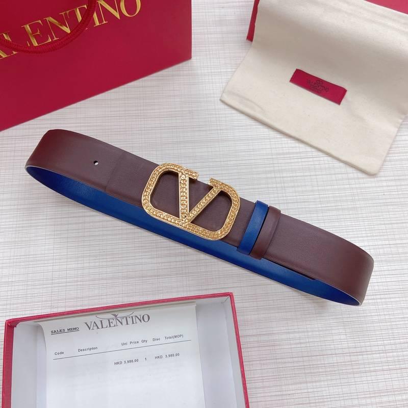 Valentino V logo Hammered Buckle Reversible Wide Signature Belt 'Brown/Blue'