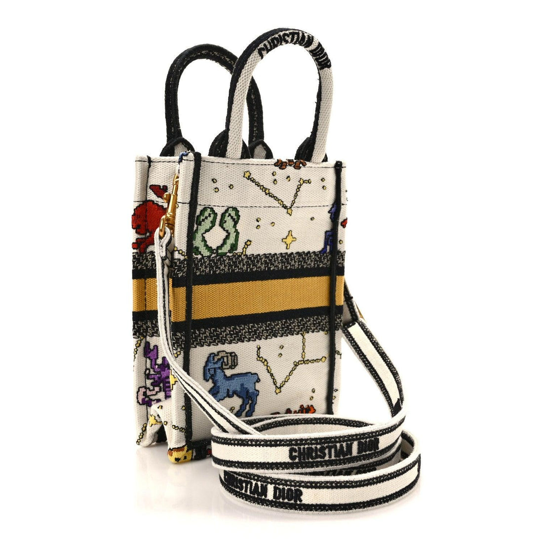 Christian Dior Canvas Embroidered Pixel Zodiac Mini Book Tote Phone Bag in Latte Multicolor