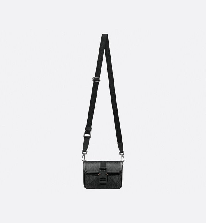 Mini Dior Hit the Road Messenger Bag with Flap Black Coated Cotton Canvas with CD Diamond Print