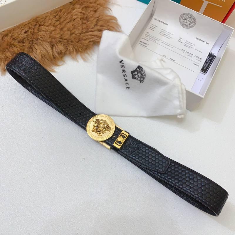 Versace Black Leather Vitello Belt Gold Medallion Buckle