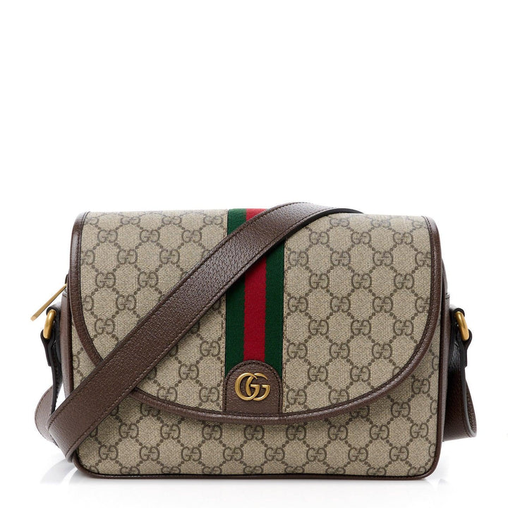 Gucci GG Supreme Monogram Textured Dollar Calfskin Ophidia Flap Shoulder Bag Beige Ebony New Acero